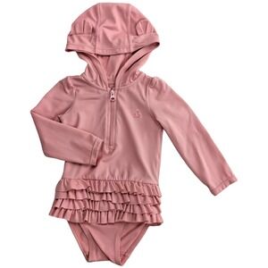 Baby Gap Pink 6 9 12 Mos Girl 1pc Hooded Swimsuit Rash Guard Ruffles Bear Solid